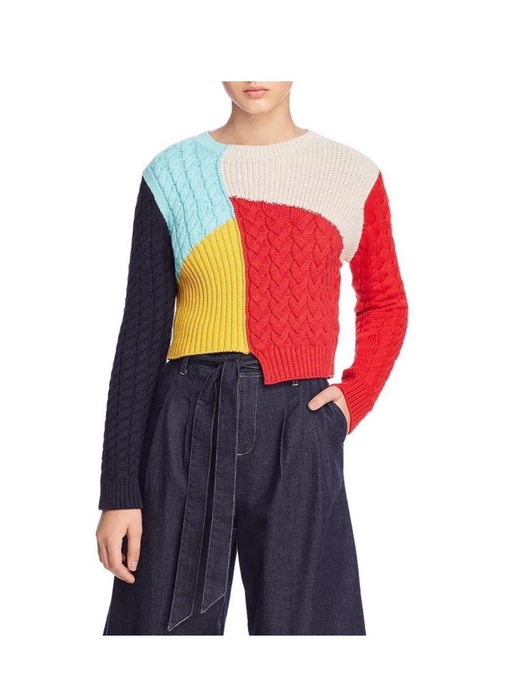 Alice + Olivia ** Colorblock Cable Knit Crewneck Sweater - Multicolor